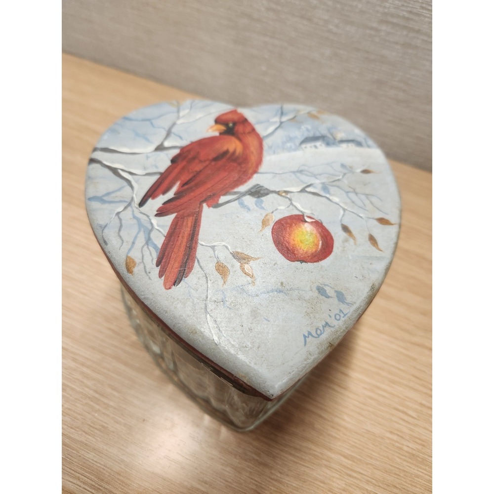 Vtg. 2001 Glass Heart Trinket Jewelry Candy Box Hand Painted Wood Lid Cardinal
